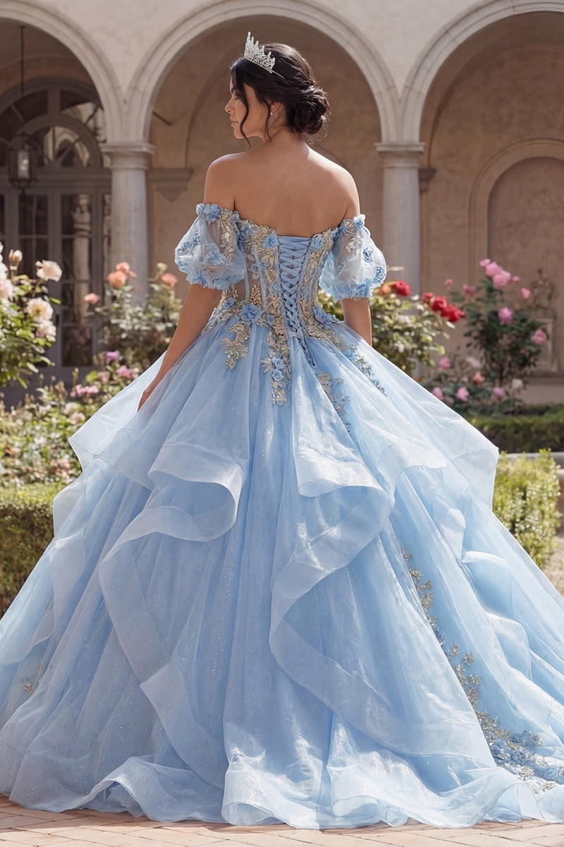 Laden Sie das Bild in den Galerie-Viewer, Glitzer Hellblau Prinzessin Blumen Lang Korsett Quinceañera Kleid mit Rüschen