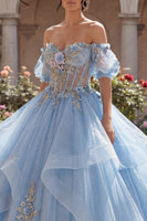 Laden Sie das Bild in den Galerie-Viewer, Glitzer Hellblau Prinzessin Blumen Lang Korsett Quinceañera Kleid mit Rüschen