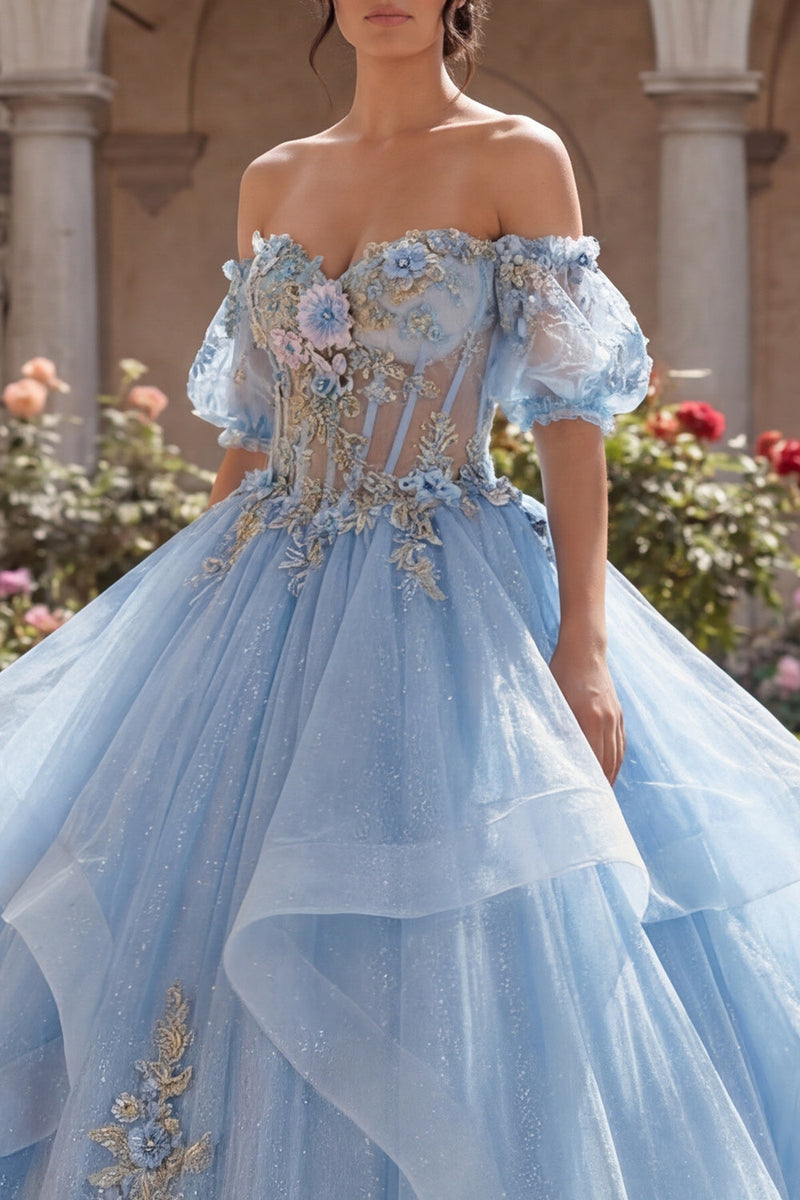 Laden Sie das Bild in den Galerie-Viewer, Glitzer Hellblau Prinzessin Blumen Lang Korsett Quinceañera Kleid mit Rüschen