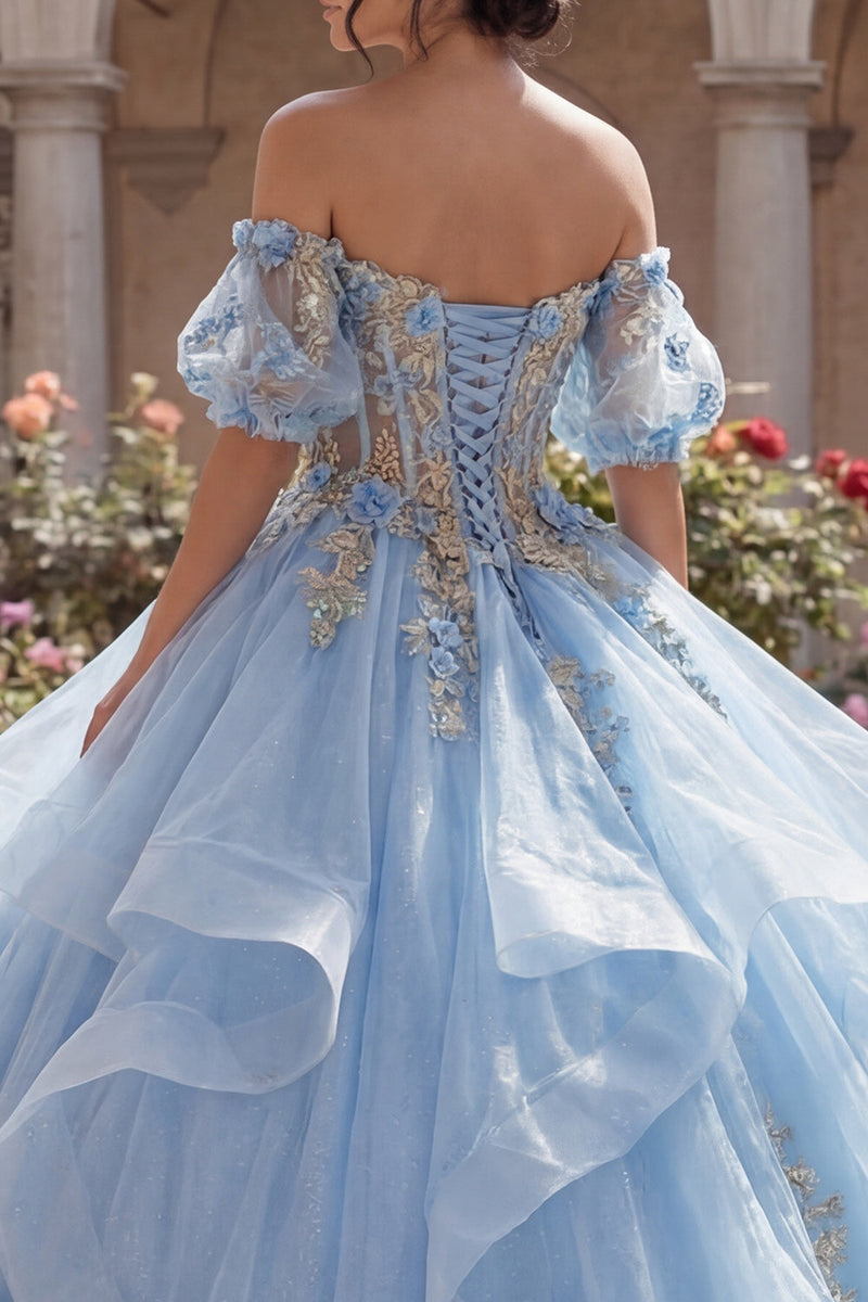 Laden Sie das Bild in den Galerie-Viewer, Glitzer Hellblau Prinzessin Blumen Lang Korsett Quinceañera Kleid mit Rüschen