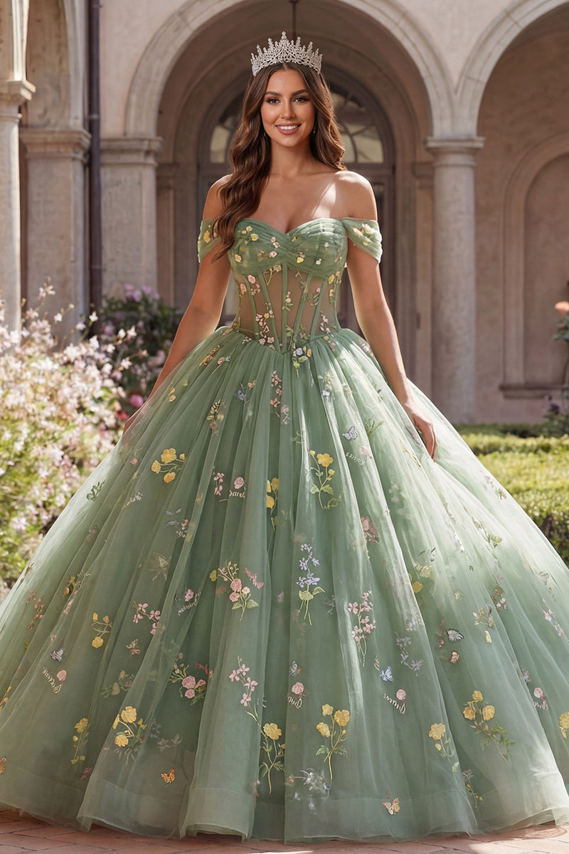 Laden Sie das Bild in den Galerie-Viewer, Staubige Salbei Prinzessin Schulterfrei Blumen Lang Korsett Quinceañera Kleid