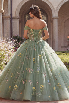Staubige Salbei Prinzessin Schulterfrei Blumen Lang Korsett Quinceañera Kleid