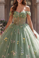 Laden Sie das Bild in den Galerie-Viewer, Staubige Salbei Prinzessin Schulterfrei Blumen Lang Korsett Quinceañera Kleid