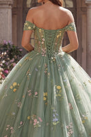 Laden Sie das Bild in den Galerie-Viewer, Staubige Salbei Prinzessin Schulterfrei Blumen Lang Korsett Quinceañera Kleid