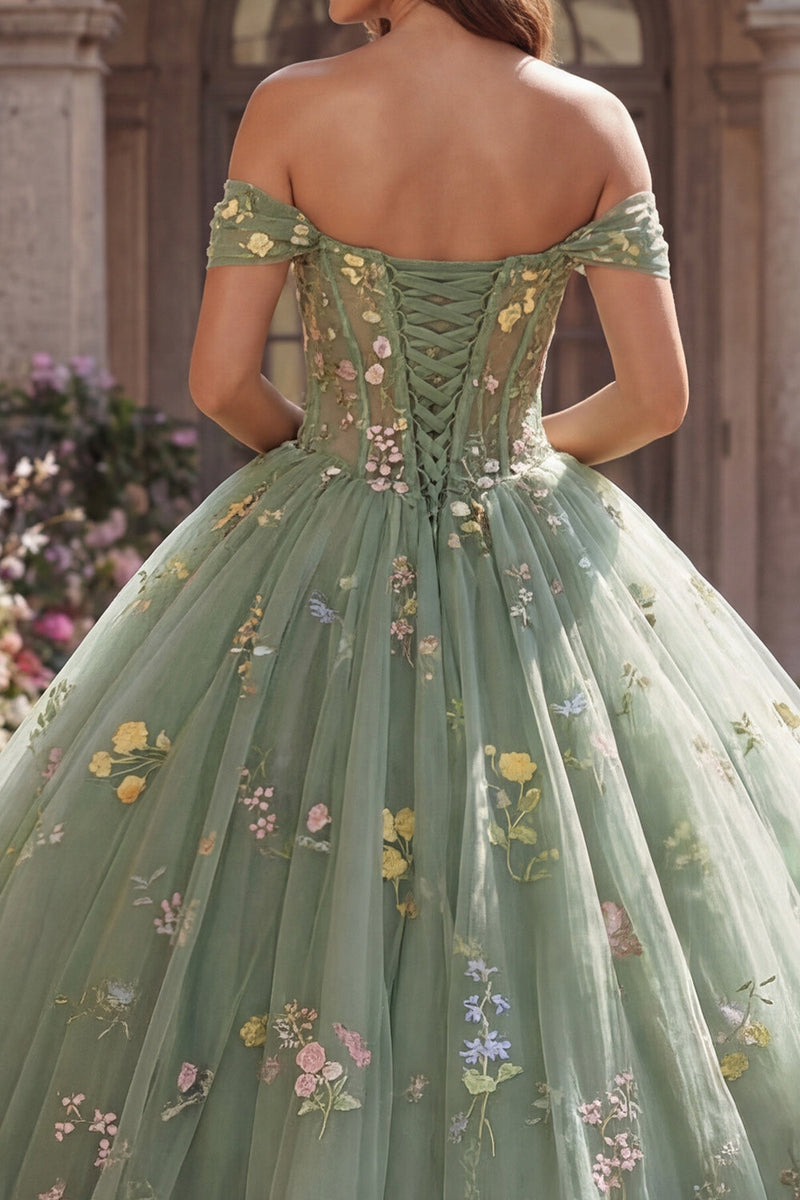 Laden Sie das Bild in den Galerie-Viewer, Staubige Salbei Prinzessin Schulterfrei Blumen Lang Korsett Quinceañera Kleid