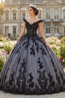 Laden Sie das Bild in den Galerie-Viewer, Perlenverziert Blumen Lang Schwarz Prinzessin Quinceañera Kleid mit Spitze