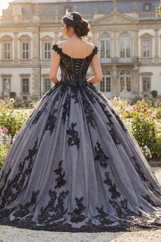 Perlenverziert Blumen Lang Schwarz Prinzessin Quinceañera Kleid mit Spitze