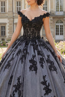 Laden Sie das Bild in den Galerie-Viewer, Perlenverziert Blumen Lang Schwarz Prinzessin Quinceañera Kleid mit Spitze