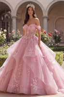 Laden Sie das Bild in den Galerie-Viewer, Rosa Prinzessin Blumig Lang Korsett Glitzer Quinceañera-Kleid mit Rüschen