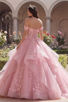 Rosa Prinzessin Blumig Lang Korsett Glitzer Quinceañera-Kleid mit Rüschen