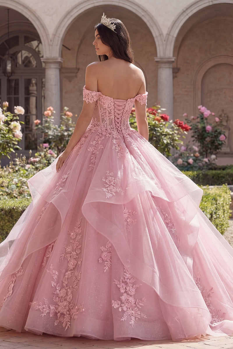 Laden Sie das Bild in den Galerie-Viewer, Rosa Prinzessin Blumig Lang Korsett Glitzer Quinceañera-Kleid mit Rüschen