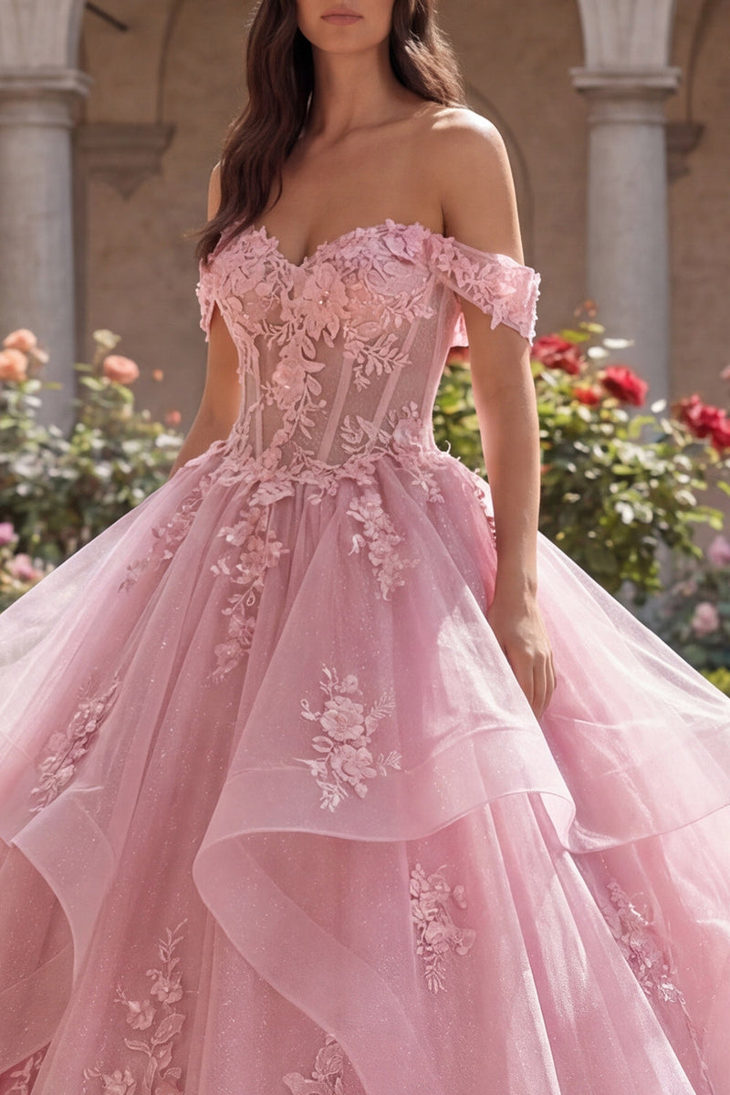 Laden Sie das Bild in den Galerie-Viewer, Rosa Prinzessin Blumig Lang Korsett Glitzer Quinceañera-Kleid mit Rüschen