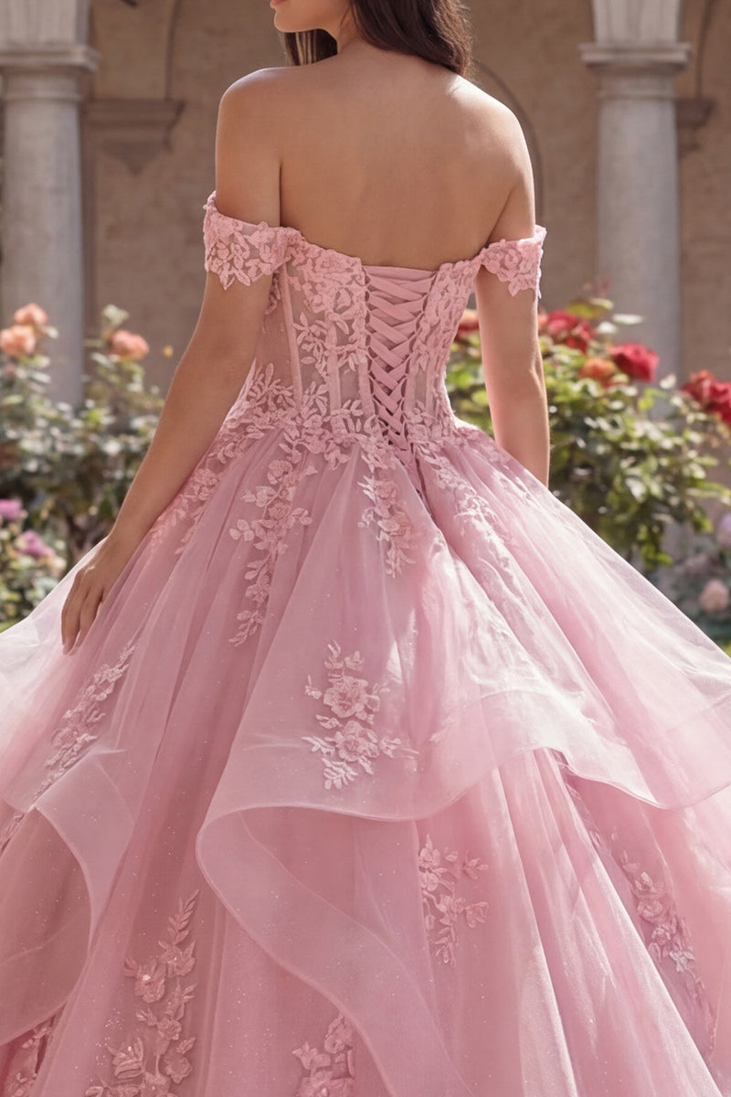 Laden Sie das Bild in den Galerie-Viewer, Rosa Prinzessin Blumig Lang Korsett Glitzer Quinceañera-Kleid mit Rüschen