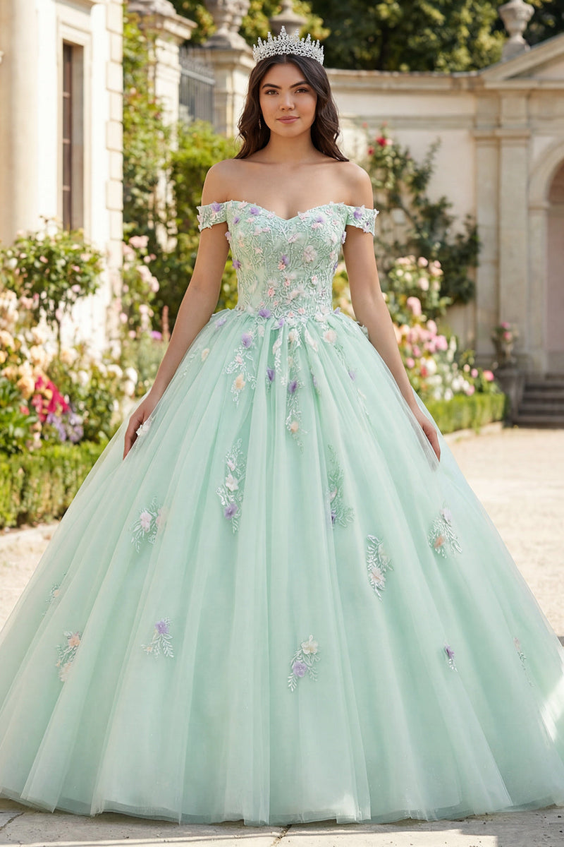 Laden Sie das Bild in den Galerie-Viewer, Schulterfrei Hellgrün Prinzessin Blumig Lang Quinceañera-Kleid mit Spitze
