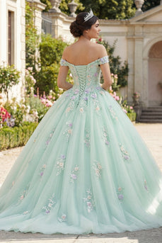 Schulterfrei Hellgrün Prinzessin Blumig Lang Quinceañera-Kleid mit Spitze