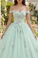 Laden Sie das Bild in den Galerie-Viewer, Schulterfrei Hellgrün Prinzessin Blumig Lang Quinceañera-Kleid mit Spitze