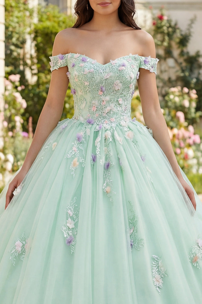 Laden Sie das Bild in den Galerie-Viewer, Schulterfrei Hellgrün Prinzessin Blumig Lang Quinceañera-Kleid mit Spitze
