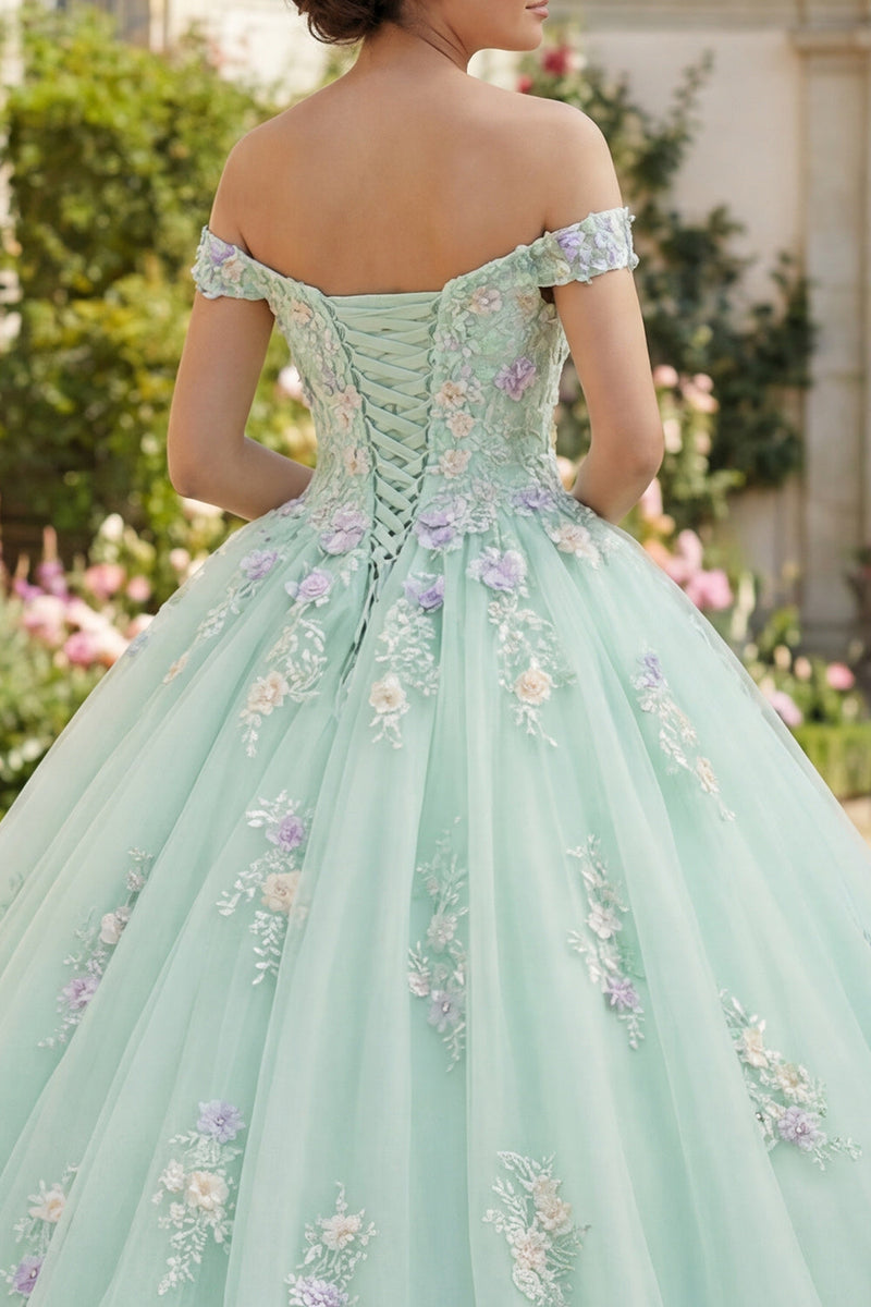 Laden Sie das Bild in den Galerie-Viewer, Schulterfrei Hellgrün Prinzessin Blumig Lang Quinceañera-Kleid mit Spitze