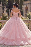Laden Sie das Bild in den Galerie-Viewer, Rosa Glitzer Prinzessin Blumig Lang Korsett Quinceañera-Kleid mit Rüschen