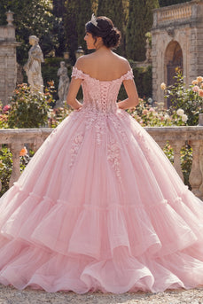 Rosa Glitzer Prinzessin Blumig Lang Korsett Quinceañera-Kleid mit Rüschen