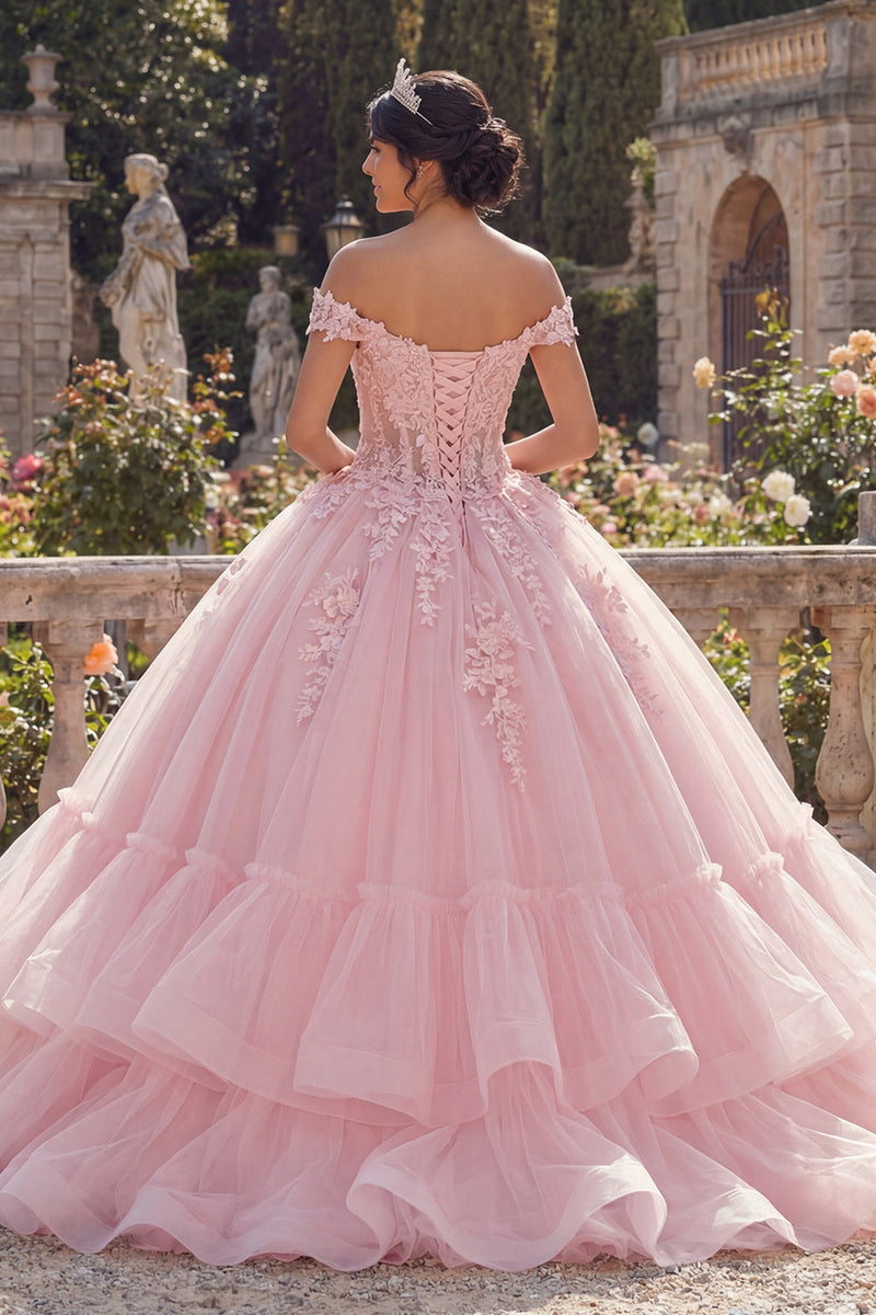 Laden Sie das Bild in den Galerie-Viewer, Rosa Glitzer Prinzessin Blumig Lang Korsett Quinceañera-Kleid mit Rüschen