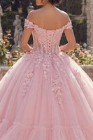 Laden Sie das Bild in den Galerie-Viewer, Rosa Glitzer Prinzessin Blumig Lang Korsett Quinceañera-Kleid mit Rüschen