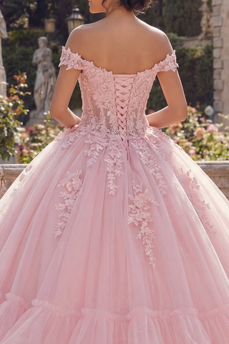 Laden Sie das Bild in den Galerie-Viewer, Rosa Glitzer Prinzessin Blumig Lang Korsett Quinceañera-Kleid mit Rüschen