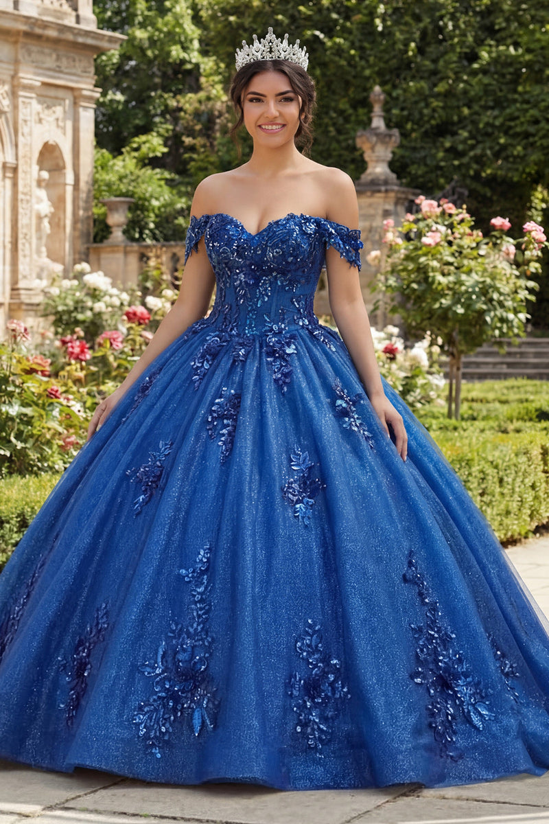 Laden Sie das Bild in den Galerie-Viewer, Glitzerndes Königsblau Perlenverziert Prinzessin Glitzer Lang Blumig Korsett Quinceañera-Kleid