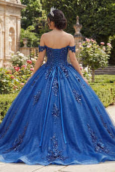 Glitzerndes Königsblau Perlenverziert Prinzessin Glitzer Lang Blumig Korsett Quinceañera-Kleid