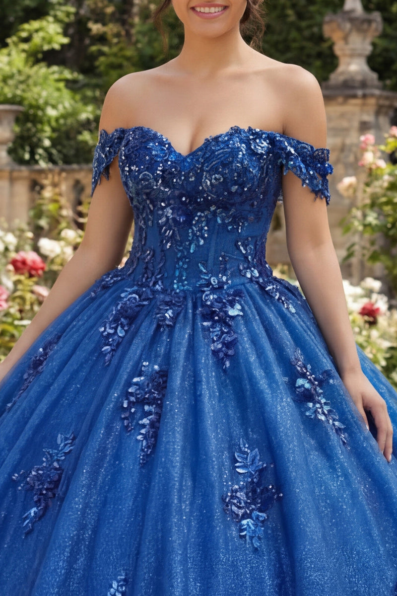 Laden Sie das Bild in den Galerie-Viewer, Glitzerndes Königsblau Perlenverziert Prinzessin Glitzer Lang Blumig Korsett Quinceañera-Kleid