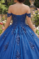 Laden Sie das Bild in den Galerie-Viewer, Glitzerndes Königsblau Perlenverziert Prinzessin Glitzer Lang Blumig Korsett Quinceañera-Kleid