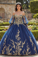 Laden Sie das Bild in den Galerie-Viewer, Glitzer Prinzessin Blumig Lang Applikation Marine Quinceañera-Kleid
