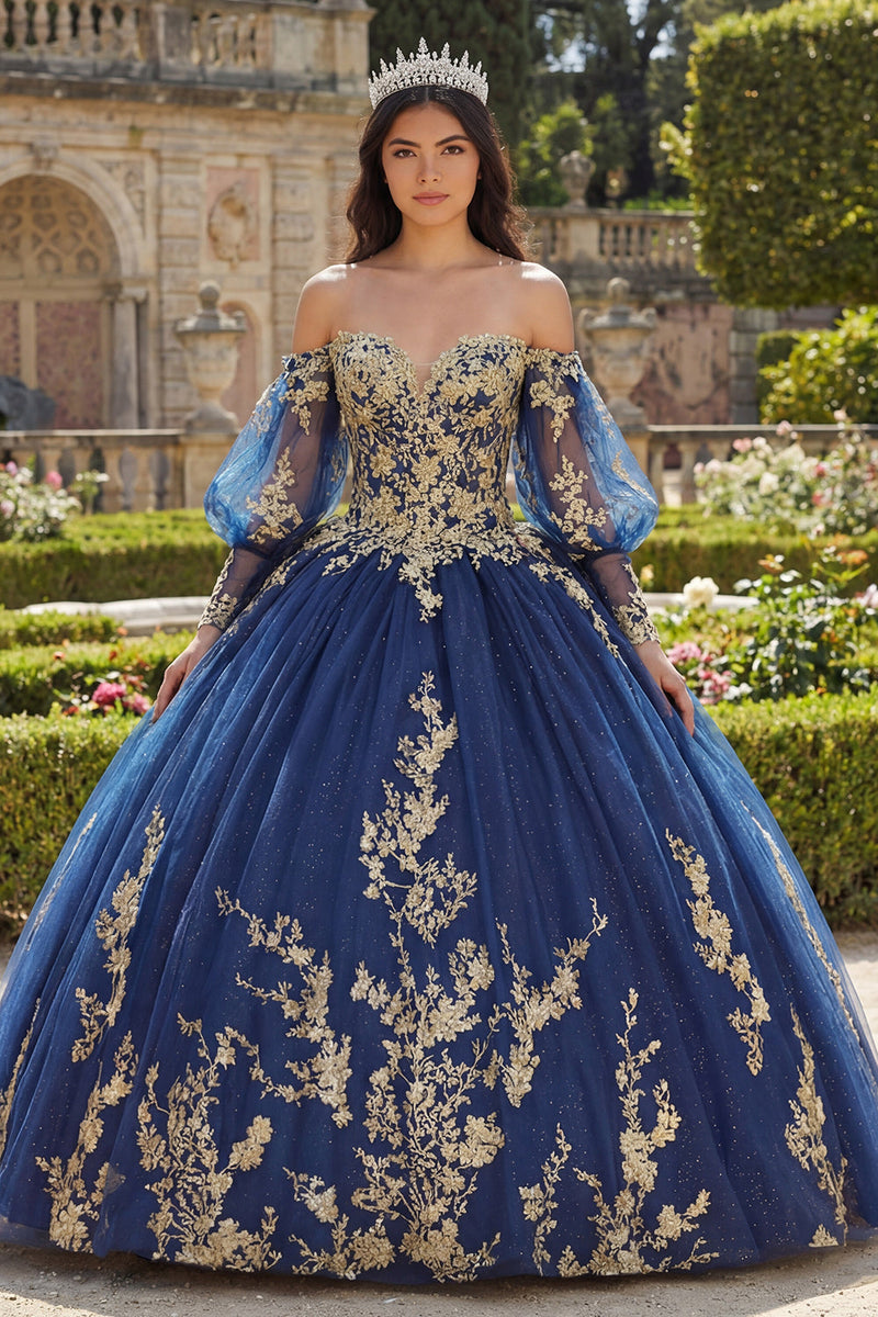 Laden Sie das Bild in den Galerie-Viewer, Glitzer Prinzessin Blumig Lang Applikation Marine Quinceañera-Kleid