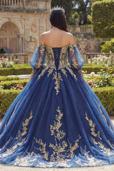 Glitzer Prinzessin Blumig Lang Applikation Marine Quinceañera-Kleid