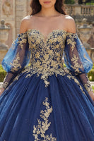 Laden Sie das Bild in den Galerie-Viewer, Glitzer Prinzessin Blumig Lang Applikation Marine Quinceañera-Kleid