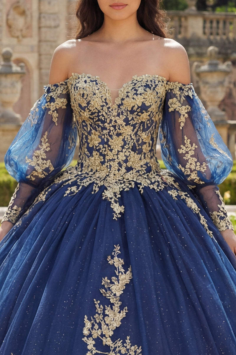 Laden Sie das Bild in den Galerie-Viewer, Glitzer Prinzessin Blumig Lang Applikation Marine Quinceañera-Kleid