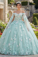 Laden Sie das Bild in den Galerie-Viewer, Mintgrün Blumig Lang Korsett Glitzer Prinzessin Quinceañera-Kleid mit Cape