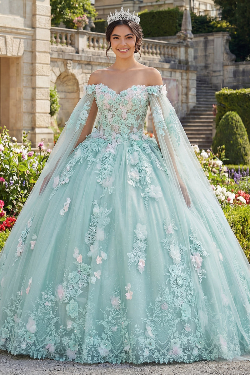 Laden Sie das Bild in den Galerie-Viewer, Mintgrün Blumig Lang Korsett Glitzer Prinzessin Quinceañera-Kleid mit Cape