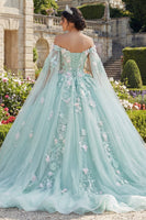 Laden Sie das Bild in den Galerie-Viewer, Mintgrün Blumig Lang Korsett Glitzer Prinzessin Quinceañera-Kleid mit Cape