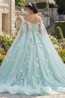 Mintgrün Blumig Lang Korsett Glitzer Prinzessin Quinceañera-Kleid mit Cape
