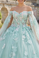 Laden Sie das Bild in den Galerie-Viewer, Mintgrün Blumig Lang Korsett Glitzer Prinzessin Quinceañera-Kleid mit Cape