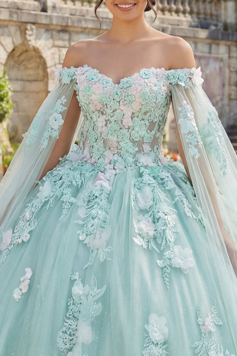 Laden Sie das Bild in den Galerie-Viewer, Mintgrün Blumig Lang Korsett Glitzer Prinzessin Quinceañera-Kleid mit Cape