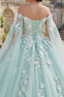 Laden Sie das Bild in den Galerie-Viewer, Mintgrün Blumig Lang Korsett Glitzer Prinzessin Quinceañera-Kleid mit Cape