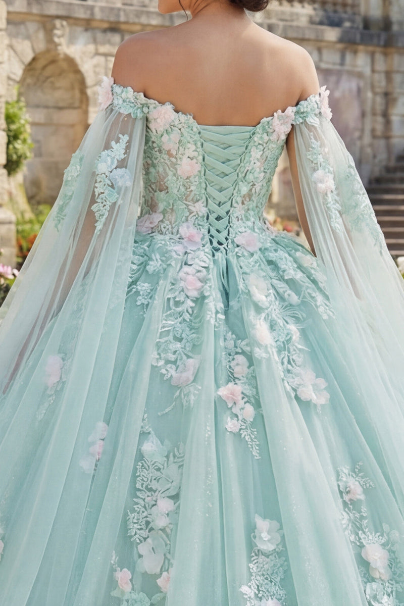 Laden Sie das Bild in den Galerie-Viewer, Mintgrün Blumig Lang Korsett Glitzer Prinzessin Quinceañera-Kleid mit Cape