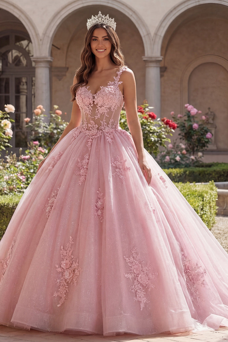 Laden Sie das Bild in den Galerie-Viewer, Breite Riemen Rosa Blumig Lang Korsett Glitzer Prinzessin Quinceañera-Kleid