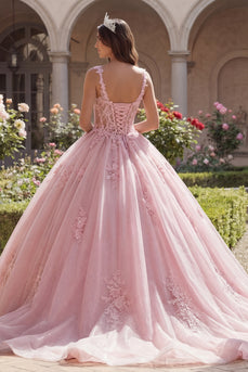 Breite Riemen Rosa Blumig Lang Korsett Glitzer Prinzessin Quinceañera-Kleid