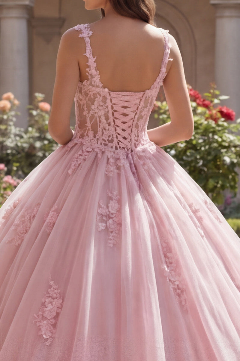 Laden Sie das Bild in den Galerie-Viewer, Breite Riemen Rosa Blumig Lang Korsett Glitzer Prinzessin Quinceañera-Kleid