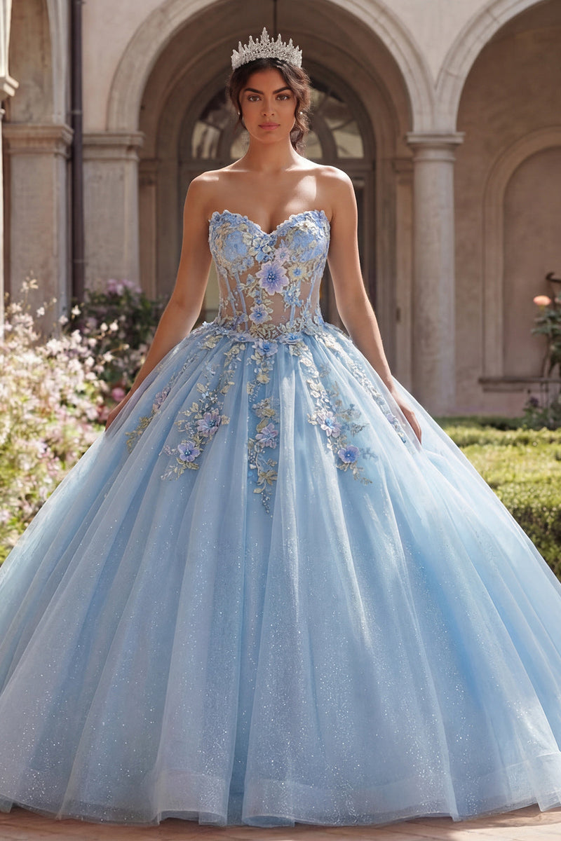 Laden Sie das Bild in den Galerie-Viewer, Trägerlos Himmelblau Blumig Lang Korsett Glitzer Prinzessin Quinceañera-Kleid mit Spitze