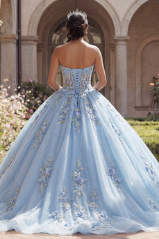 Trägerlos Himmelblau Blumig Lang Korsett Glitzer Prinzessin Quinceañera-Kleid mit Spitze