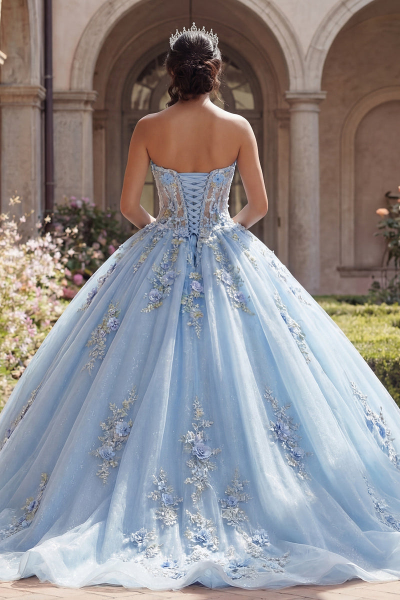 Laden Sie das Bild in den Galerie-Viewer, Trägerlos Himmelblau Blumig Lang Korsett Glitzer Prinzessin Quinceañera-Kleid mit Spitze